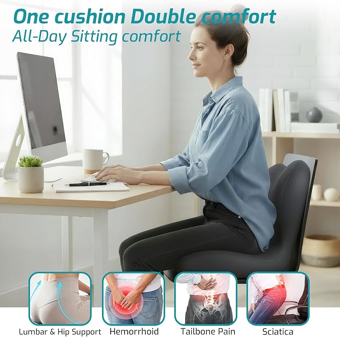 Memory Foam Seat Cushion,Office Chair Cushion with Lumbar Support for Back Pressure Relief, Car Seat Cushion with Adjustable Strap,Sciatica Pad Cushions for Car,Truck, Desk,Gaming Chair