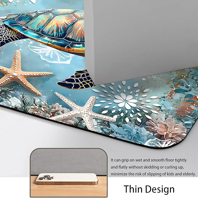 Quick Dry Bath Mat for Bathroom,Super Absorbent Beach Welcome Bath Rug Non-Slip Rubber Backing,Machine Washable Bathroom Floor Mat for Shower, Tub, Sink Area Sea Turtle Nautical Starfish 30x20