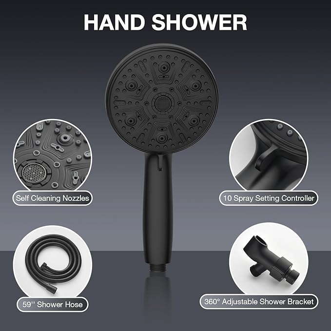 Handheld Shower Head 10 Mode Shower Heads with Handheld Spray High Pressure Shower Head Handheld with Brass Swivel Ball Bracket Showerheads Matte Black