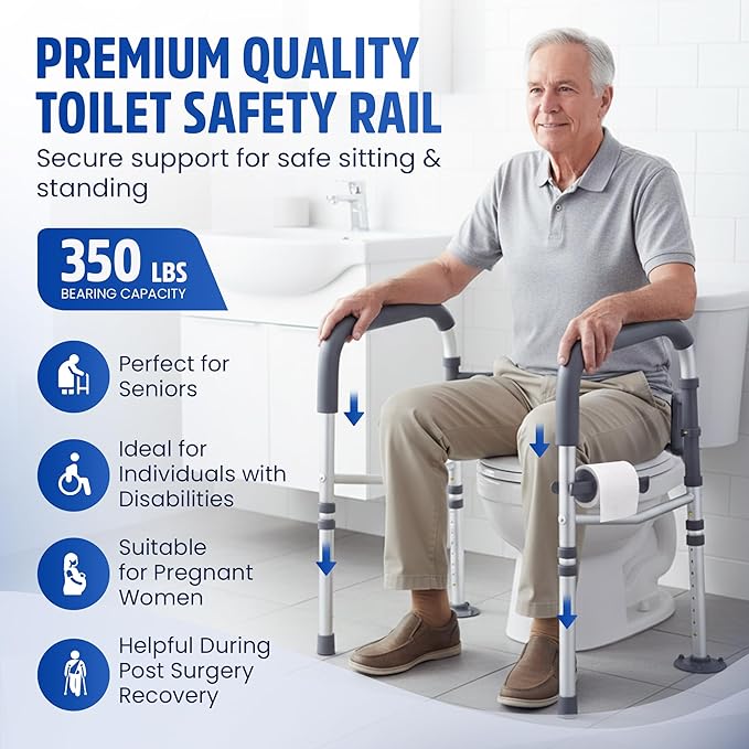 Toilet Safety Rails for Seniors 350lb, Adjustable Height & Width Toilet Bars for Elderly | Foldable Non-Slip Handicapped Toilet Safety Frame, Reinforced 2 C-Clamp Stability – Fits Most Toilets