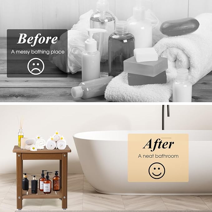 Apolimi Shower Chair, HDPE Shower Bench for Inside Shower to Sit On It, Shower Stool with Storage Shelf 2-Tier Spa Stool for Elderly,Water Resistant & Non-Slip Design Shower Seat Bench (Teak S Size)