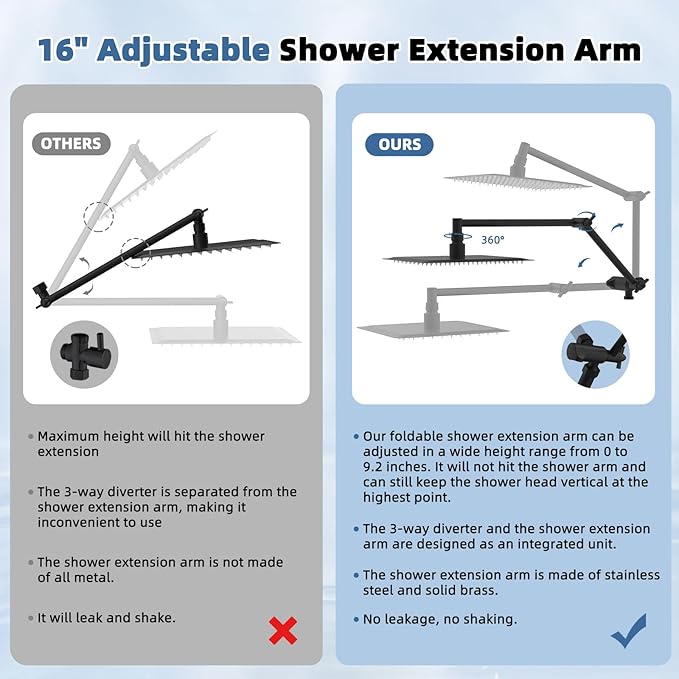 12“ All Metal Black Rain Shower Head with Handheld Spray Combo, High Pressure Rainfall Shower Head with16" Shower Extension Arm, 5“ Handheld Spray Powerful Clean 10-Mode, 3-Way Diverter, Shower Hose