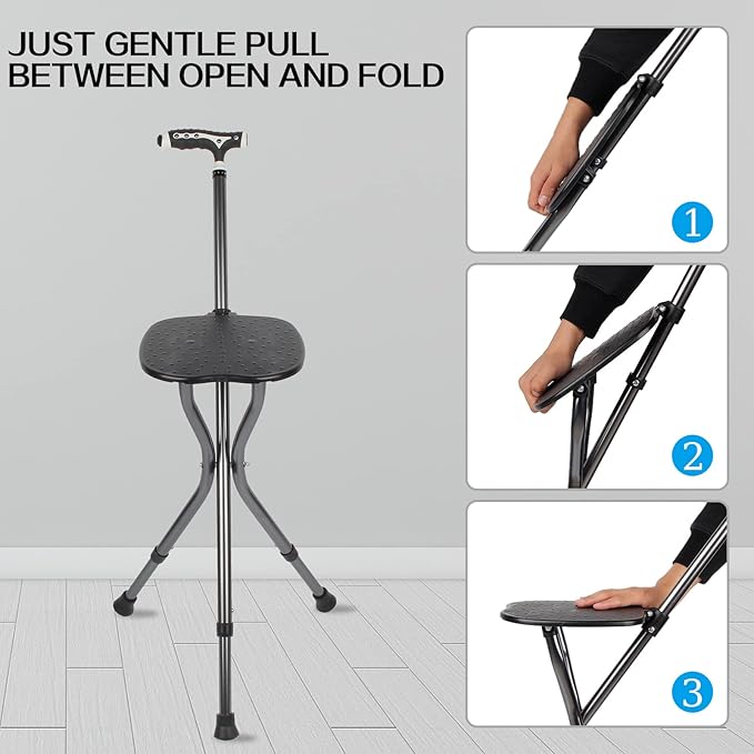 Yayayo Hold 440 lbs Folding Canes with Seat Walking Stick Height Adjustment Cane Seat Capacity Frosted Handle with Magnetic Therapy Stone Crutches Stool