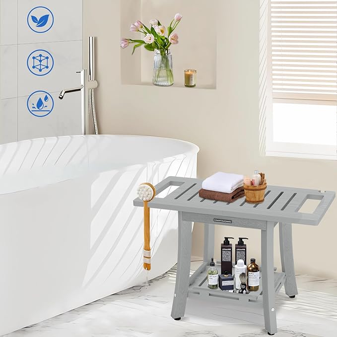 KingPavonini HDPS Shower Benches for Inside Shower to Sit on, Waterproof Shower Stool for Shaving Legs, Heavy Duty 450LBS Shower Seat with Storage Shelf, Shower Chair for Bathroom/Indoor/Outdoor Use