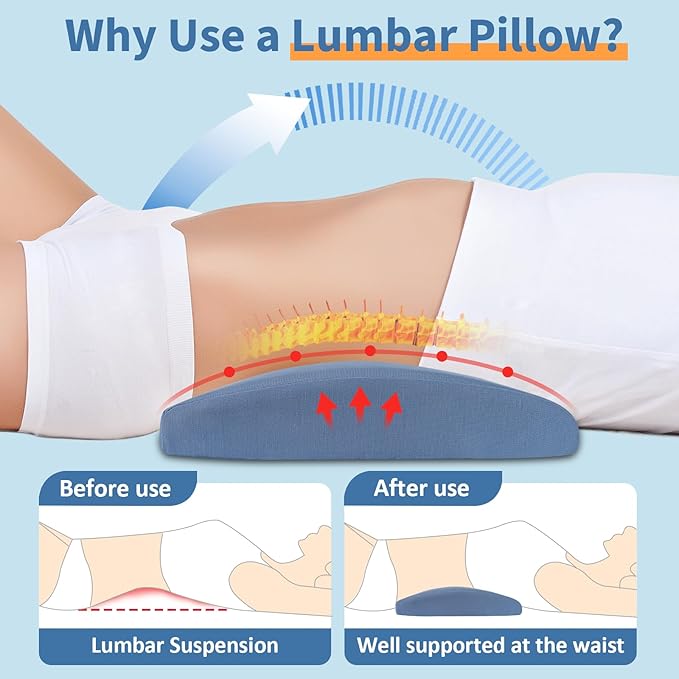 vamorry Lumbar Pillow for Sleeping, Lumbar Support Pillow for Bed for Back Pain Relief, Memory Foam Lower Back Pillow for Bed, Back Support Pillow for Side & Back Sleepers, Washable Cover