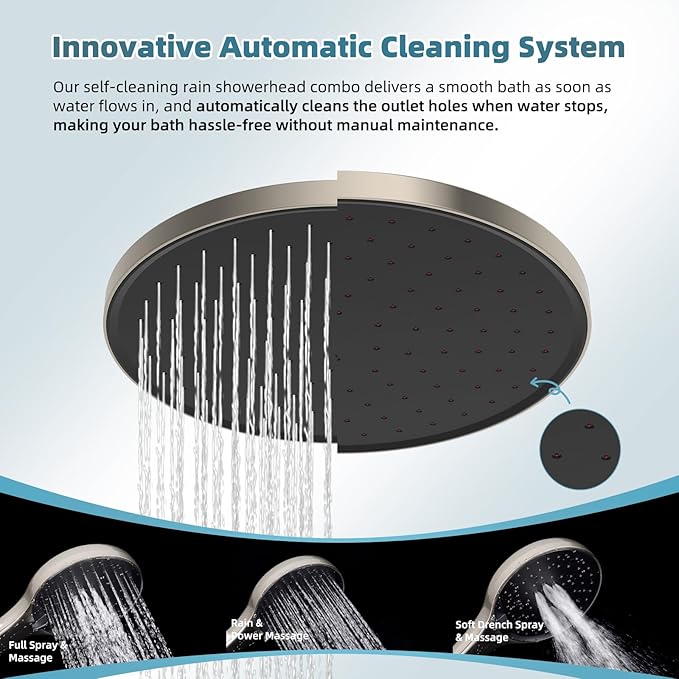 Hibbent cUPC Certified Self-cleaning Shower Head Combo, High Pressure 10'' Rain Showerhead with 3-Spray Handheld, All Metal Arm with Easy Reach 4-way Diverter, 71" Hose & Holder, Brushed Nickel