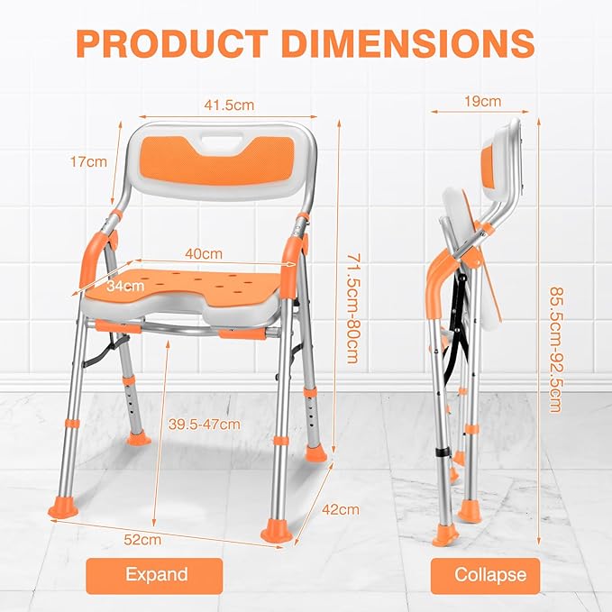 DEWEL Foldable Shower Chair for Elderly and Disabled, Folding Shower Seat with Armrests and Back Height Adjustable, Aluminum Alloy Bath Seat for Inside Shower, 330lbs Capacity (Orange-N)
