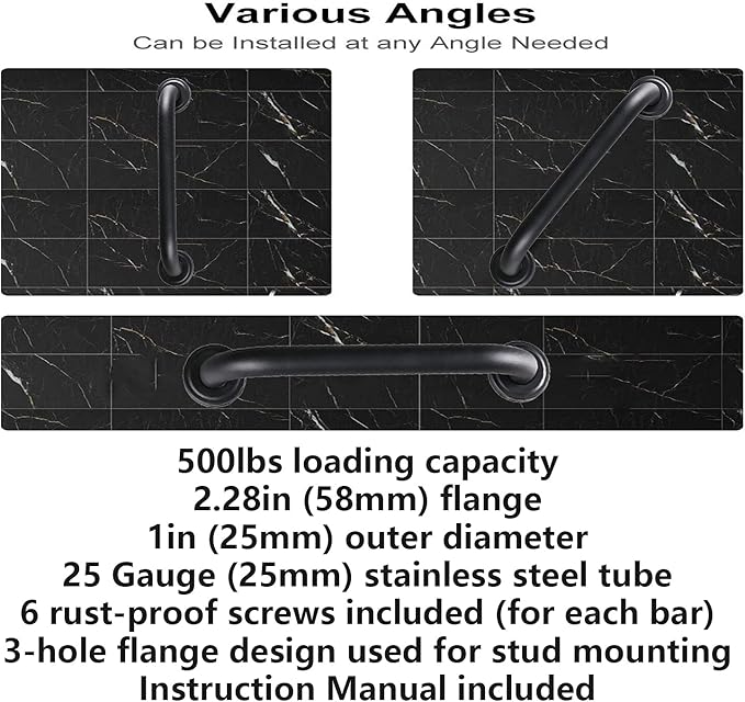 2 Pack Grab Bars 16 Inch, iMomwee Black Bathroom Handle for Elderly, Stainless Steel Safety Bars for Showers and Walls, Handicap Shower Rail Grab Bar, Balanced Support Bars for Senior Disabled