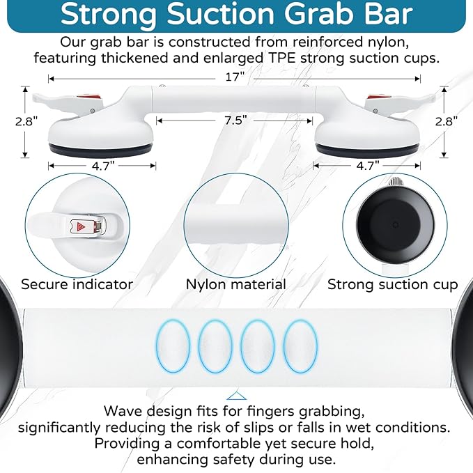 Suction Grab Bar for Shower Bathtub, Heavy Duty Shower Handle with Strong Suction Cup for Bathroom Wall, Max 269lbs Safety Handrails Non-Slip Grip for Seniors Elderly Disabled Handicap, 17 Inch White