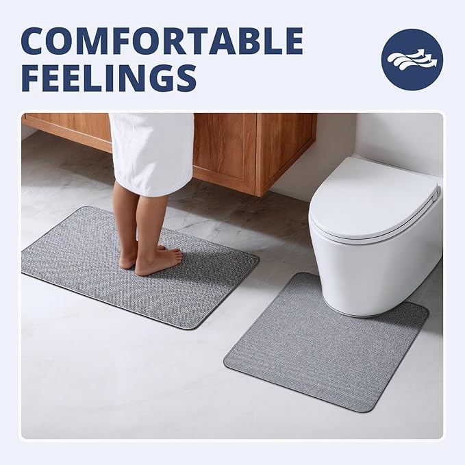 Bathroom Rugs Sets 2 Piece, Thin Bath Mat & U-Shaped Contour Toilet Rug Absorbent Quick Dry, Machine Washable, Non Slip Low Pile Bath Mats for Bathroom/Tub/Sink/Shower (27"x17" Plus 24"x20" U, Grey)