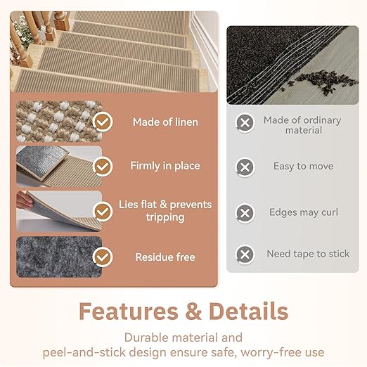 7PC Jute Stair Treads for Wooden Steps-Stairs Carpet Non Slip-Peel and Stick Stair Treads Indoor, Adhesive Staircase Step Treads Residue Free, Durable Natural Stair Runner Rug,8"x30" Beige