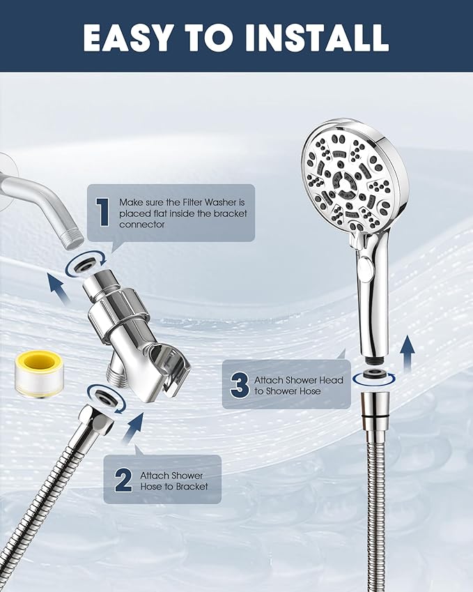 Handheld Shower Head with 6.56ft Extra Long Hose, On Off Switch 8-Seting High Preesure Hand Held Showerhead, Low-Reach Adhesive Holder for Kid, Disable& Elder (Chrome)
