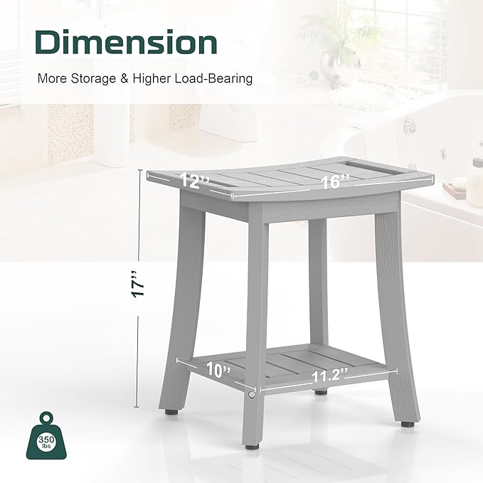 Waterproof Shower Benches for Inside Shower, Poly Lumber Shower Stool with Storage Shelf & Adjustable Feet, SPA Bathroom Seat Chair for Shaving Legs, Indoor or Outdoor Use, Grey