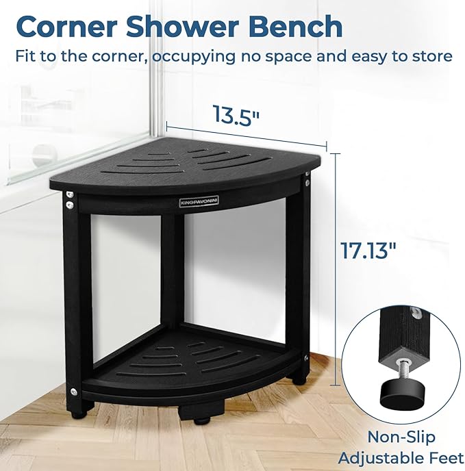 KingPavonini HDPS Corner Shower Stool for Inside Shower, Waterproof Shower Bench, Anti-Fracture & Anti-Fading Shower Seat with Storage Shelf, Rapid Assembly, Load 400 Pounds