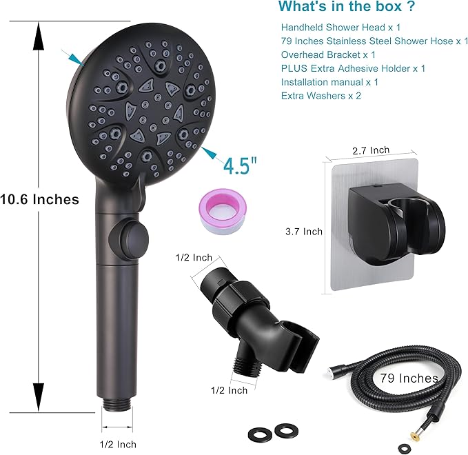 High Pressure 8-mode Handheld Shower Head with On Off Switch and Long Hose & Bracket PLUS Extra Adhesive Holder for Lower Mount,Built-in Power Wash to Clean Tub,Tile & Pets,Black