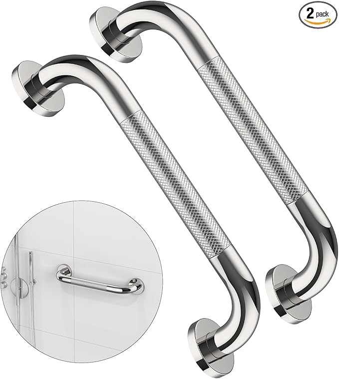 2 Pack 12 Inch Anti Slip Shower Grab Bar Handle, ZUEXT Chrome Stainless Steel Bathroom Grab Bar, Knurled Bathroom Balance Bar,Safety Hand Rail Support,Handicap Elderly Injury Senior Assist Bath Handle