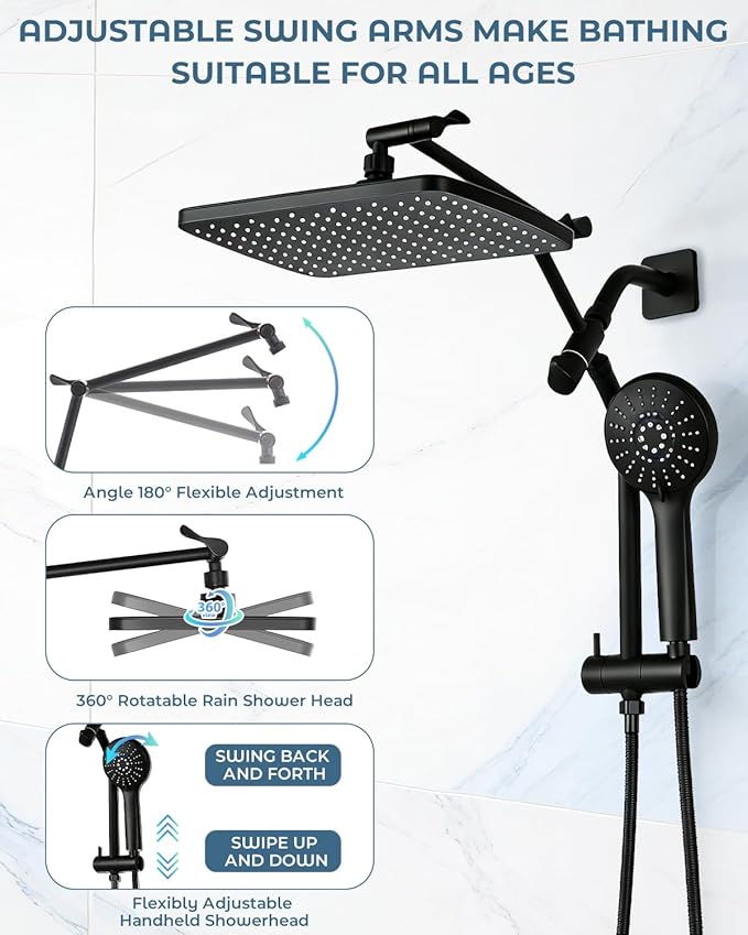 11.8" Rain Shower Head with Handheld, High Pressure Handheld Shower with Multi Spray Modes, Rainfall Combo with Metal Extension Arm, Detachable Dual Showerhead, Bathroom Decor, Matte Black