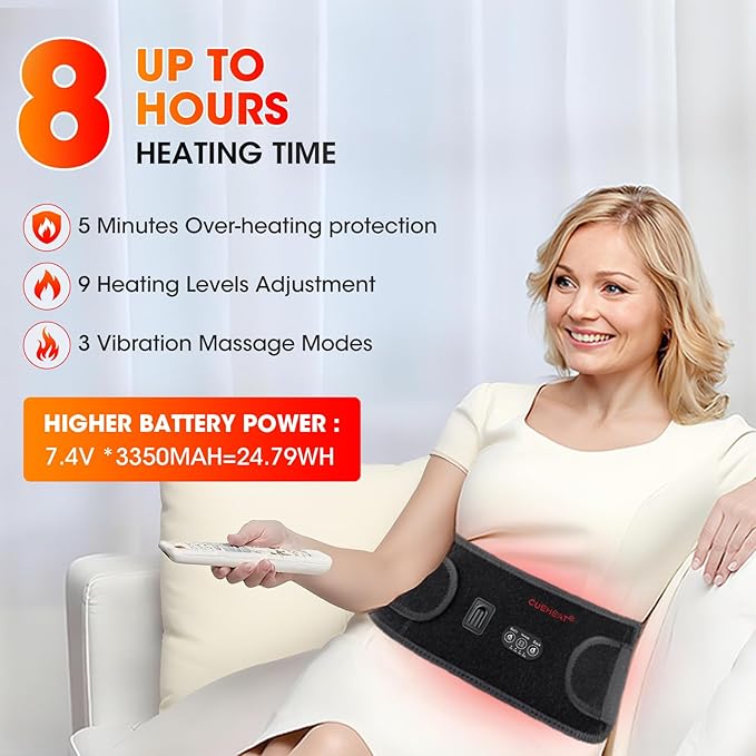 CUEHEAT Heated Waist Belt - Cordless Heating Pad for Low Back,FSA Eligible HSA, Electrical Heating and Massage, Rechargeable Battery Powered (Black Upgraded, 49 inches)