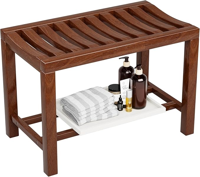 Rubber Wood Shower Bench, Non-Slip Waterproof Wooden Shower Stool for Adults & Elderly, Sturdy Bath Seat for Inside Shower or Tub – 24.02" D x 14.96" H x 6.3" W