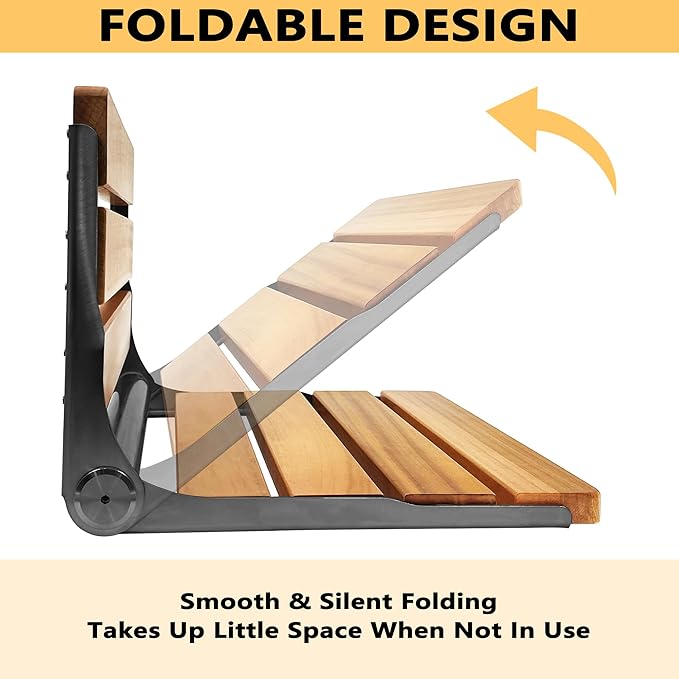 Folding Shower Seat Teak, Bath Safety Furniture Stainless Steel, Shower Seats for Elderly, Fold Down Shower Seat (Black)