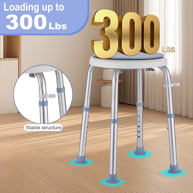 Shower Stool Chair for Inside Shower, 360° Swivel Shower Seat Stool for Bathroom, 300LB Small Corner Stool for Seniors Adult, 6-Level Adjustable Height Bath Chair for Inside Tub