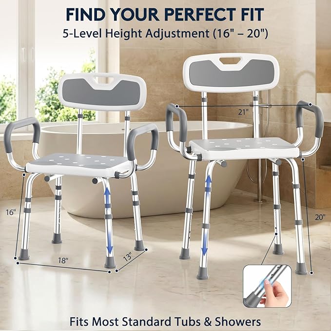 UNILEAF Shower Chair for Inside Shower with Arms and Back, Adjustable Height Shower Chair for Elderly and Disabled Adults, 450 lb Capacity, Non-Slip Shower Seat, FSA/HSA Eligible