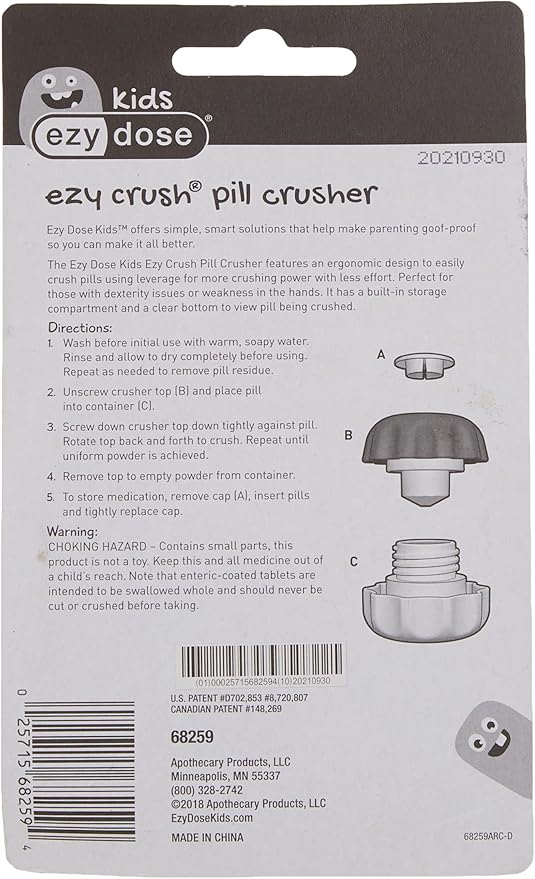 EZY DOSE Crush Pill, Vitamins, Tablets, Crusher and Grinder with Storage Compartment, Kids, Pets, Elderly, Effortlessly Crushes Medications into Fine Powder, Easy-to-Use, Color May Vary, BPA Free