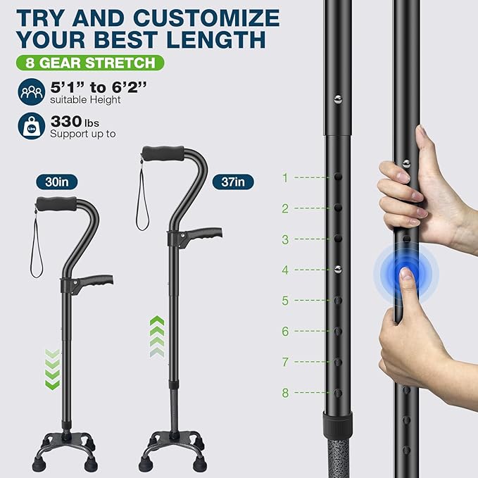 Ciavca Walking Canes for Women & Men, Adjustable Folding Quad Cane, Heavy Duty Walking Sticks Canes for Seniors Balance,Collapsible, Lightweight Self Standing Cane with 2nd Handle and 4-Pronged Base