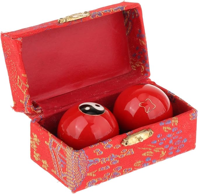 2 Pieces Hand Massage Balls, Chinese Exercise Handballs with Storage Box, Compact Relaxation, Chinese Baoding Balls, for Kids Seniors, Gossip Red