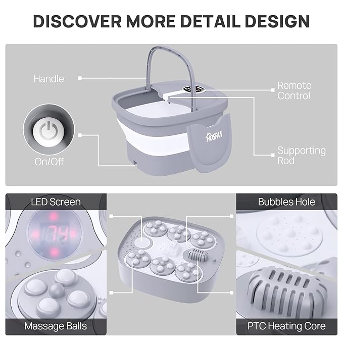 HOSPAN Collapsible Foot Spa Electric Rotary Massage, Foot Bath with Heat, Bubble, Remote, and 24 Motorized Shiatsu Massage Balls. Pedicure Foot Spa for Feet Stress Relief
