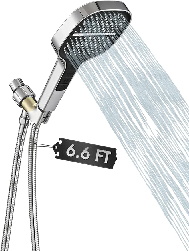 Handheld Shower Head with Extra Long Hose, 8 Setting Square Detachable Hand Held Spray with Upgrade Button & On Off Switch, 79" Hose - Chrome