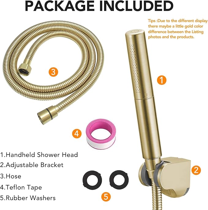 BESy Brass 2 In 1 Function Handheld Shower Head Set High Pressure 7 Inch Shower Head High Flow Hand Shower Wand with 59 Inch Hose, Bracket, Brushed Gold