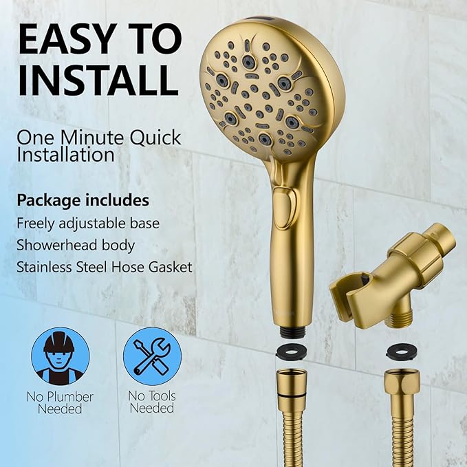 Shower Head with Handheld, 9-Setting High Pressure Shower head with handhelds, Built-in Handheld Power Spray, 79in Extra Long Stainless Steel Hose & Shower Head Holder (Golden)