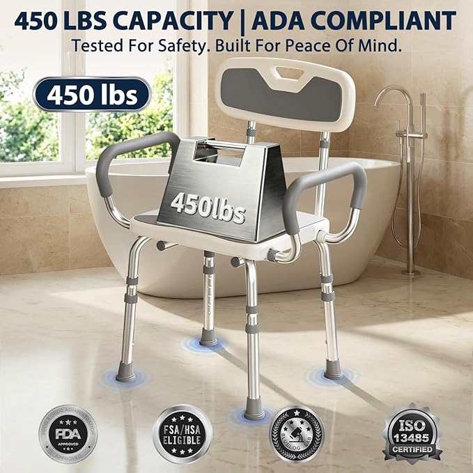 UNILEAF Shower Chair for Inside Shower with Arms and Back, Adjustable Height Shower Chair for Elderly and Disabled Adults, 450 lb Capacity, Non-Slip Shower Seat, FSA/HSA Eligible