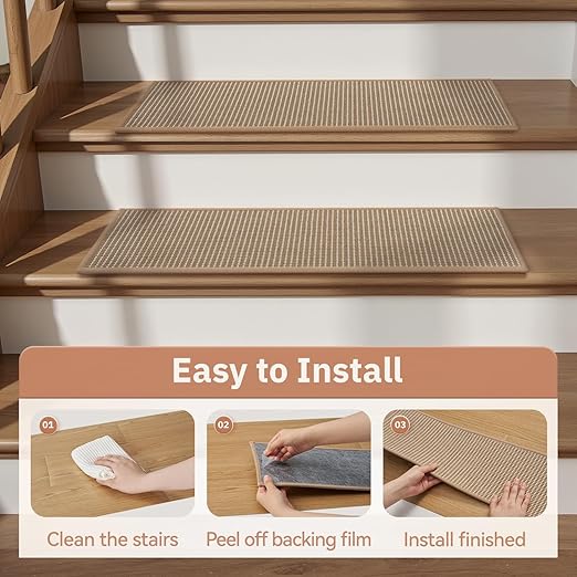 Peel and Stick Stair Treads for Wooden Steps Indoor, Stair-Carpet Treads Washable Reusable Adhesive,Stair-Treads Non Slip 4PC, Beige