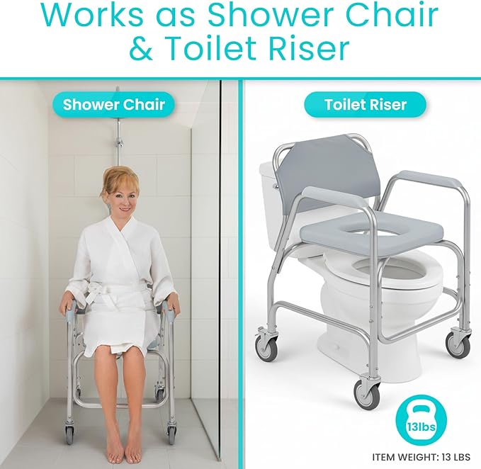 Vive Shower Chair & Toilet Riser with Wheels - Rolling Bathroom Seat for Elderly, Disabled, Handicapped - Adjustable Senior Raised Bath Potty Chair with Handles for Adults - w/ Arms & Locking Wheels