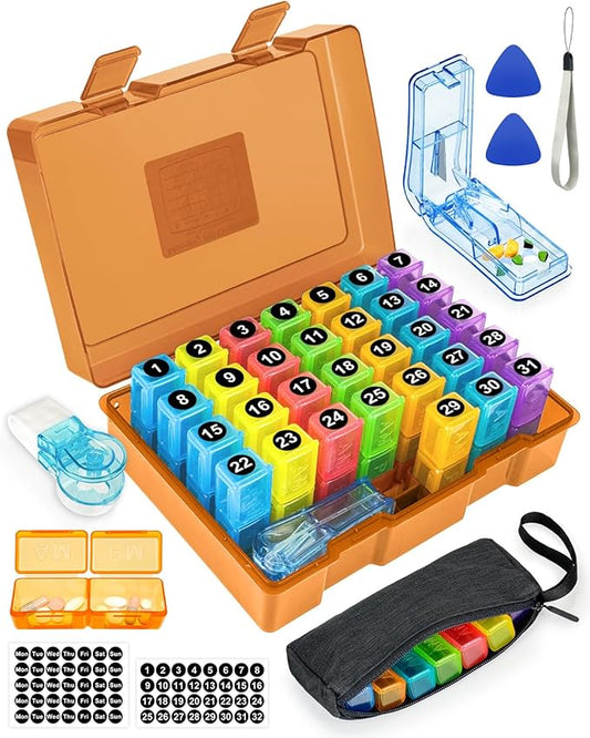 Monthly Pill Organizer 2 Times a Day – Yonlog Large Medicine Box with Weekly Travel Bag, Pill Cutter, Easy-Open Pick, Pill Taker Tool, and 2 Medication Stickers (Tea, 2 Times a Day)