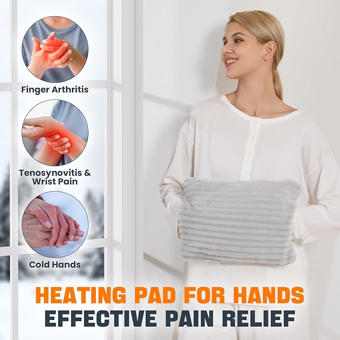 Electric Hand Warmer, Soft Flannel Heated Gloves, Hand Warmer Pouch, Double-Sided Heating Pad for Hands Pain Relief Fingers Arthritis for Women Men Elder, Auto Off & 3 Heat Levels, Light Gray