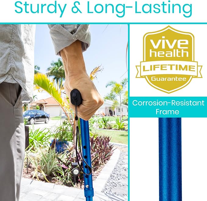 Vive Folding Cane - Foldable Walking Cane for Men, Women - Fold-up, Collapsible, Lightweight, Adjustable, Portable Hand Walking Stick - Balancing Mobility Aid - Sleek, Comfortable