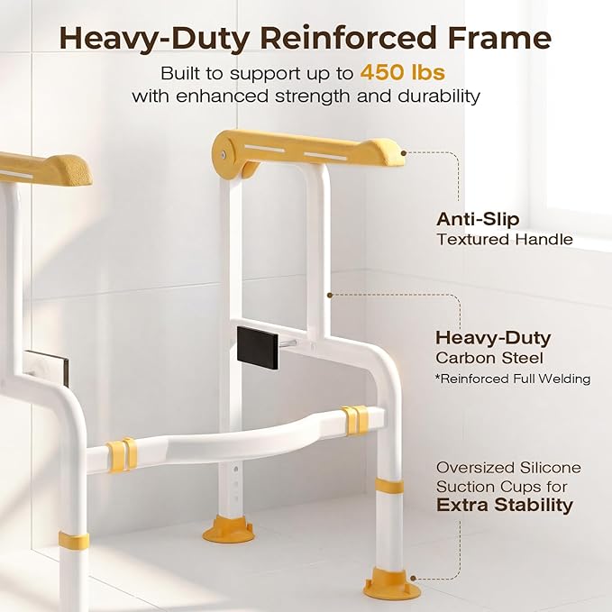 Toilet Safety Rails for Elderly & Disabled with Glow-in-the-Dark Handles, 450 lbs Heavy-Duty Frame, Flip-Up Arms, Dual Lock (Suction & Clamp), Adjustable No-Wobble Support, Yellow