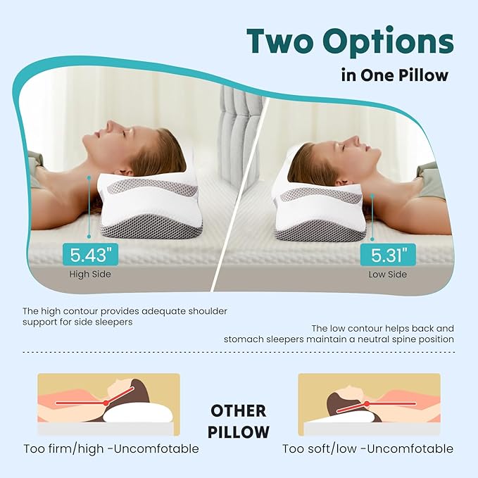 DUMOS Cervical Neck Pillow for Sleeping, Cooling Ergonomic Memory Foam Pillow with Arm Rest Slot and Ice Silk Pillowcase, Dual Height Orthopedic Support Contour for Side, Back, Stomach Sleepers