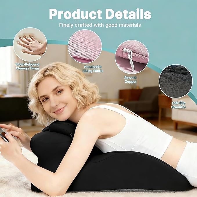 Ergonomic Memory Foam Wedge Pillow, Contoured Support Pillows, 27° Angled Support for Waist and Neck, Multi-Position Support Pillow (Black)