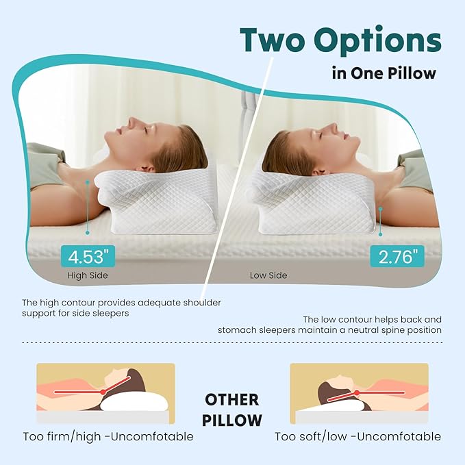 DUMOS Cervical Neck Pillow for Sleeping, Cooling Ergonomic Memory Foam Pillow with Arm Rest Slot and Ice Silk Pillowcase, Dual Height Orthopedic Support Contour for Side, Back, Stomach Sleepers
