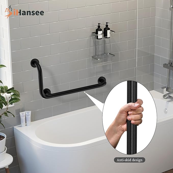 L-Shaped Angled Grab Bar 12x24 Inch Matte Black Anti-slip Knurled Shower Handles Wall Mount, 1.25" Diameter Shower Bars for Seniors Injured Balance Support, Handicap Grab Bars for Bathtubs and Showers