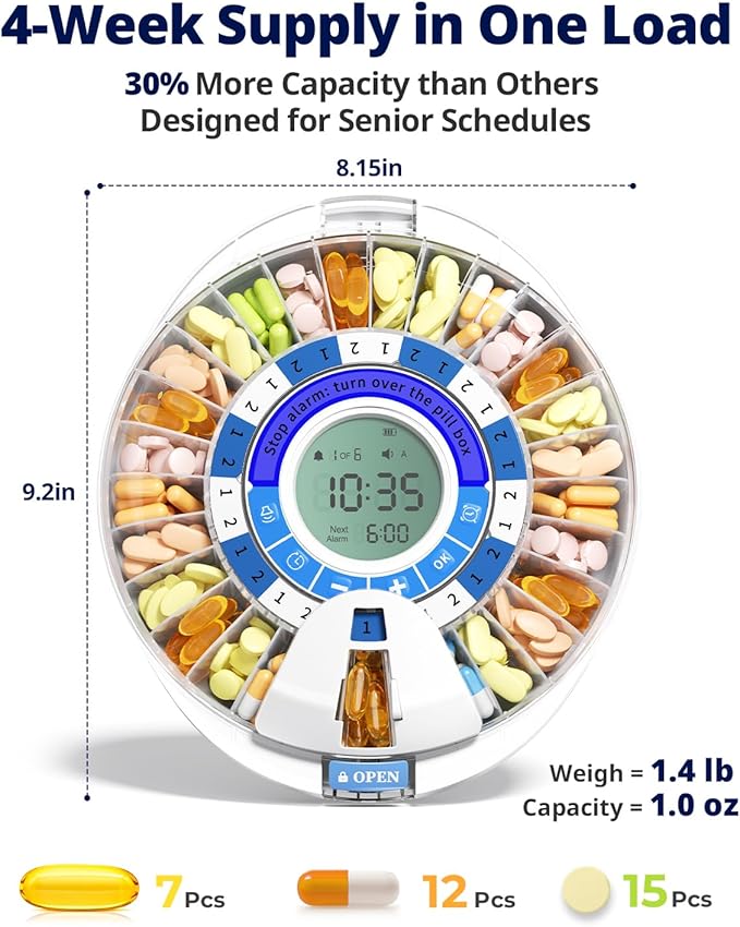 Betife 2nd Gen Automatic Pill Dispenser for Elderly with Alarm – 28 Slots, Key Locked, Alarm & Light Reminder, Mix-Proof, XL Display, 6 Dosage Rings，Easy Setup for Daily Medication
