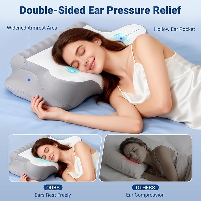 kingotto Cervical Neck Pillow for Pain Relief - Dual Height Adjustable & Ear Relief Design, Ergonomic Memory Foam Contour Pillow with Cooling Pillowcase, Side Sleeper for Back & Stomach Sleepers