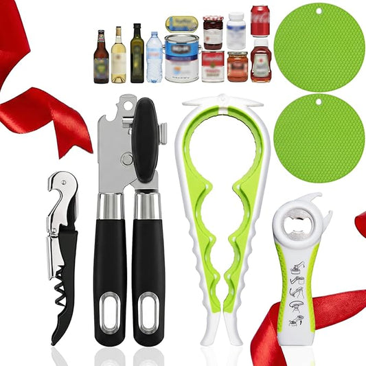 Can Opener and Jar Opener Set for Weak Hands - Heavy Duty Stainless Steel Manual Can Opener, 5-in-1 Bottle Opener, Corkscrew & Silicone Grippers - Kitchen Gadgets for Seniors & Arthritis