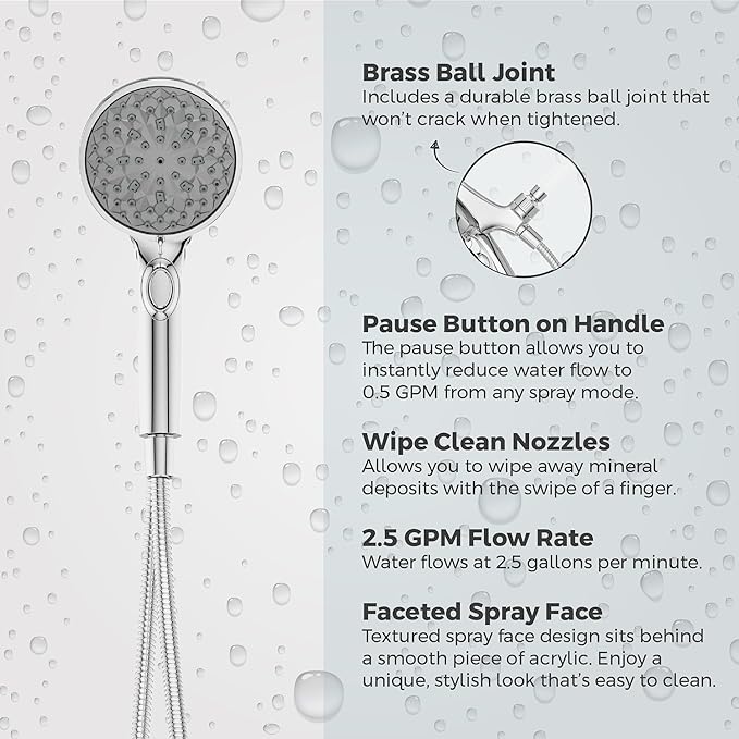 Pfister HydroFuse Handheld Shower Head with Magnetic Docking 6-Function High Pressure 2.5 GPM Polished Chrome Finish Hose Included for Bathroom Shower 016HFM01CC
