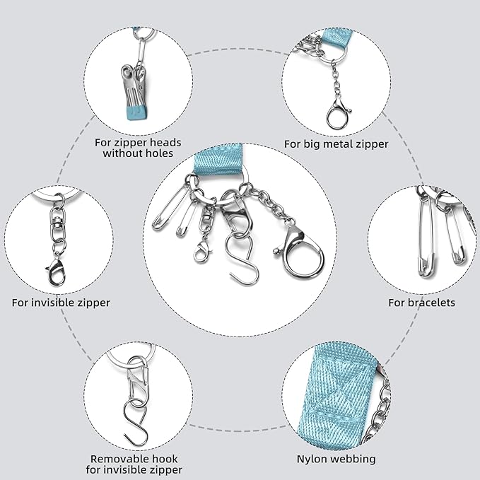 Lenporl Zipper Helper Pull for Dresses with 5 Hooks and Reinforced Design Zipper Helper with Detachable Clip Includes Bonus Metal Chain for Seniors and Pregnant Women (Blue)