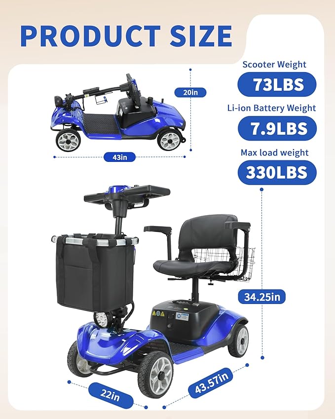 Mobility Scooter for Seniors/Adults, up to 300lbs Capacity, 4 Wheel Heavy Duty Mobility Scooters with 15 Miles 350W 5MPH，Front Basket, Adjustable Seat, LED Headlights